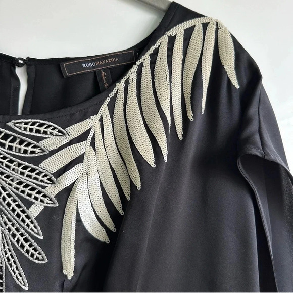 BCBG MaxAzria Silk Dress Embroidered Sequins Size Medium Leaves Pleats Boat Neck - Picture 4 of 11